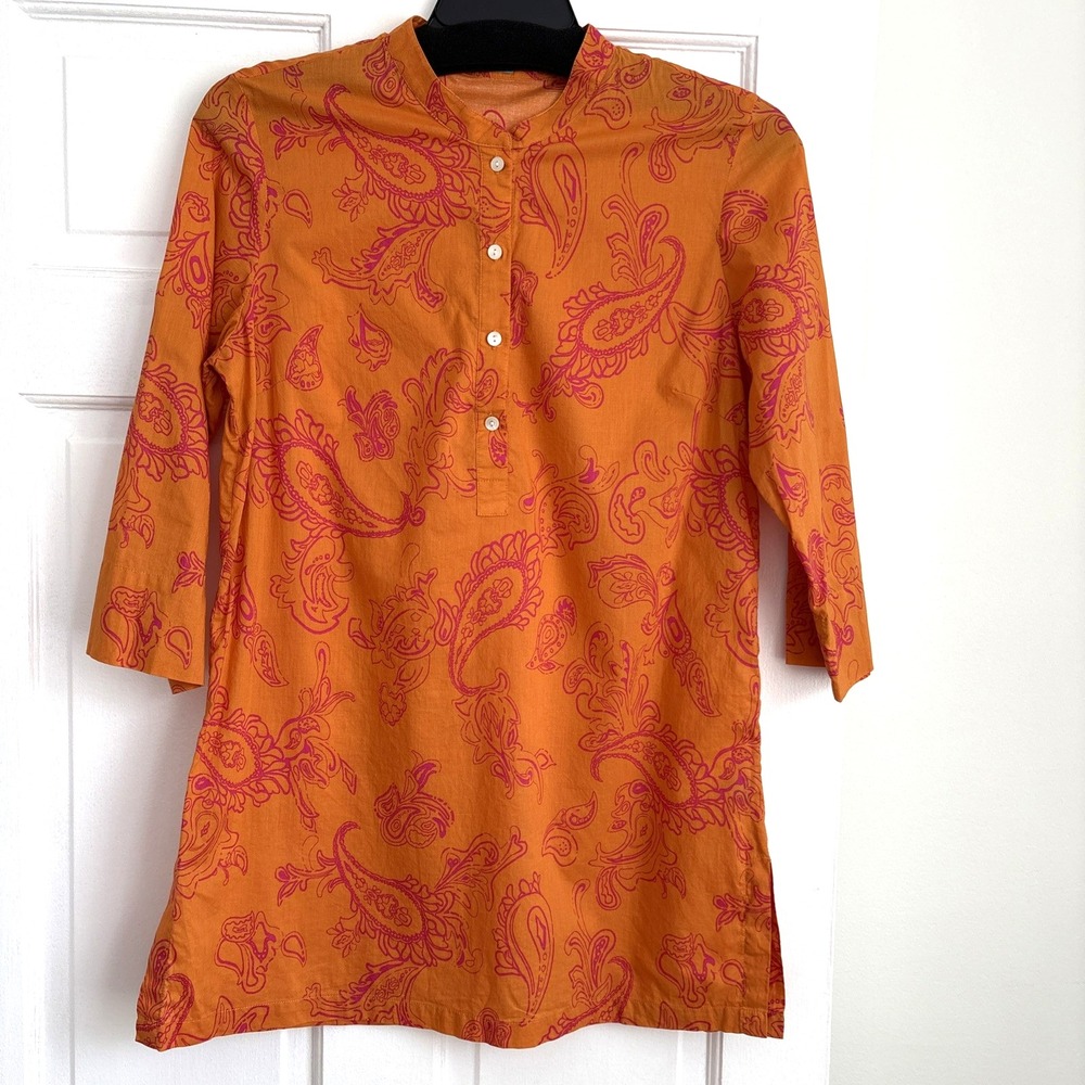 J. McLaughlin Orange Pink‎ Paisley Cotton Tunic Top Mandarin Collar 3/4 Sleeve